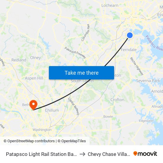 Patapsco Light Rail Station Bay 3 to Chevy Chase Village map