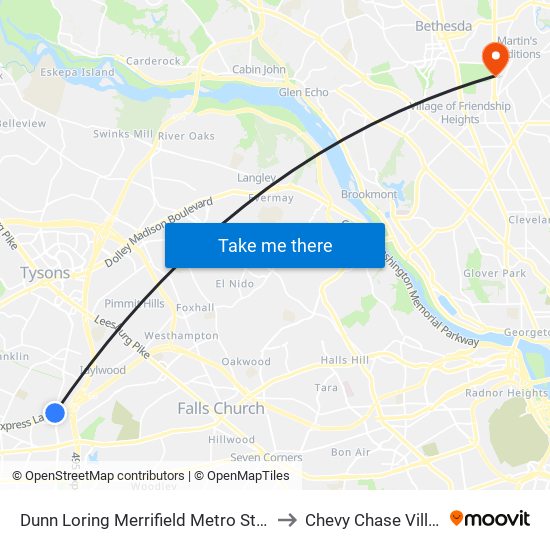 Dunn Loring Merrifield Metro Station to Chevy Chase Village map