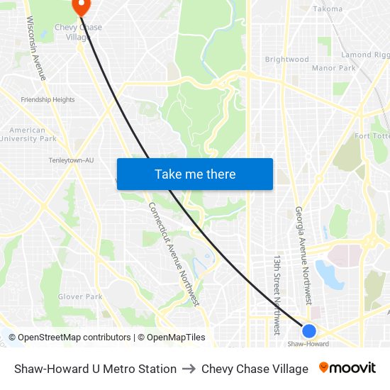 Shaw-Howard U Metro Station to Chevy Chase Village map