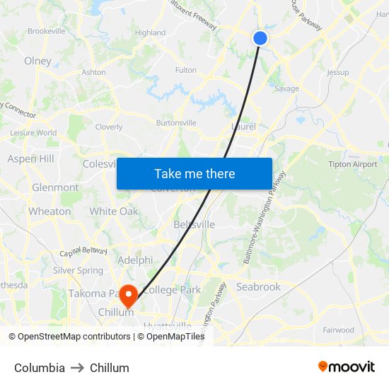 Columbia to Chillum map