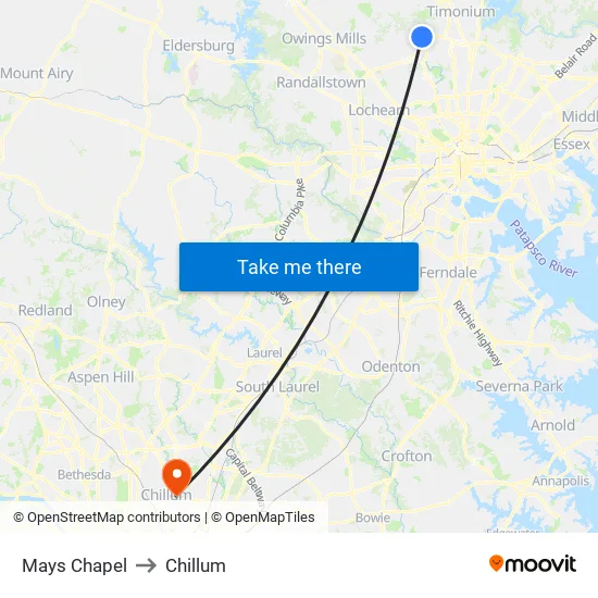 Mays Chapel to Chillum map