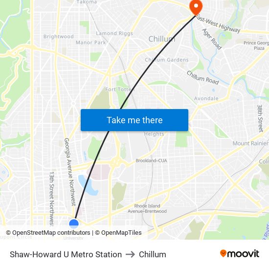 Shaw-Howard U Metro Station to Chillum map