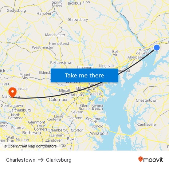 Charlestown to Clarksburg map