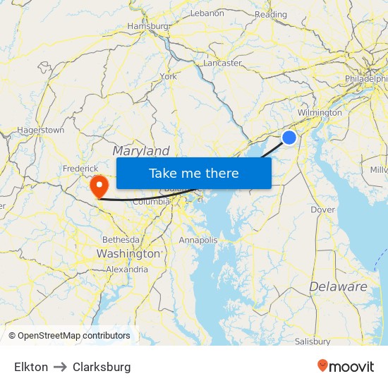 Elkton to Clarksburg map