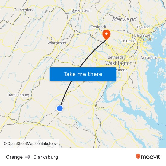 Orange to Clarksburg map