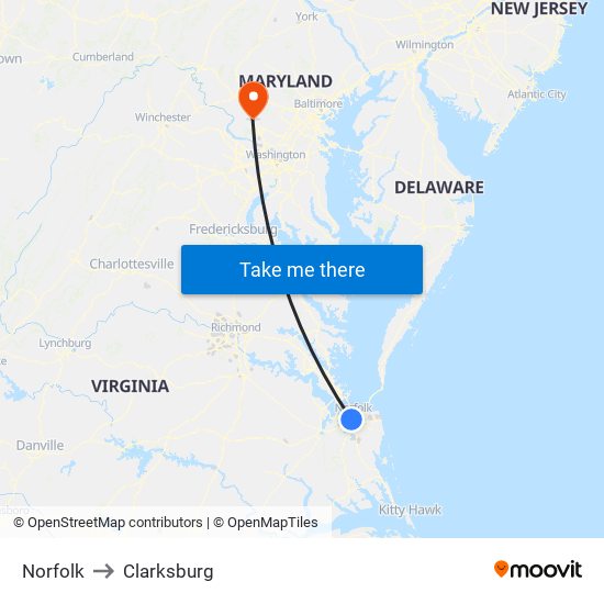 Norfolk to Clarksburg map