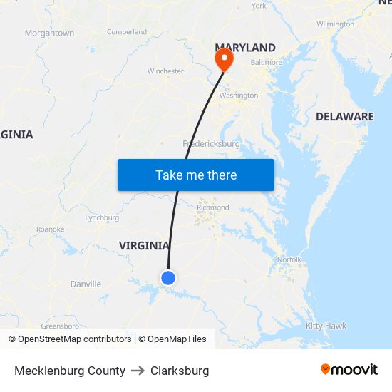 Mecklenburg County to Clarksburg map