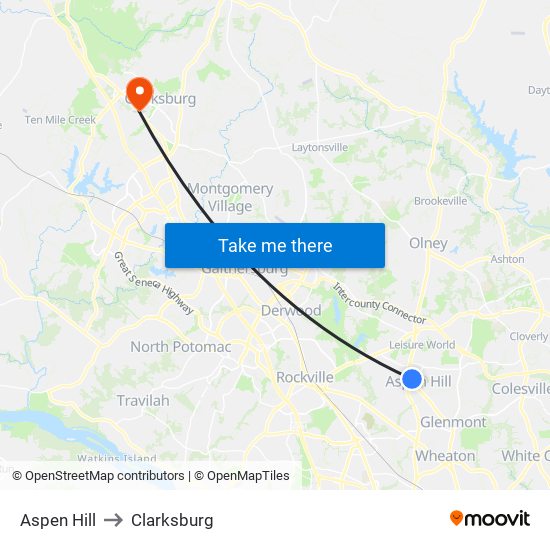 Aspen Hill to Clarksburg map