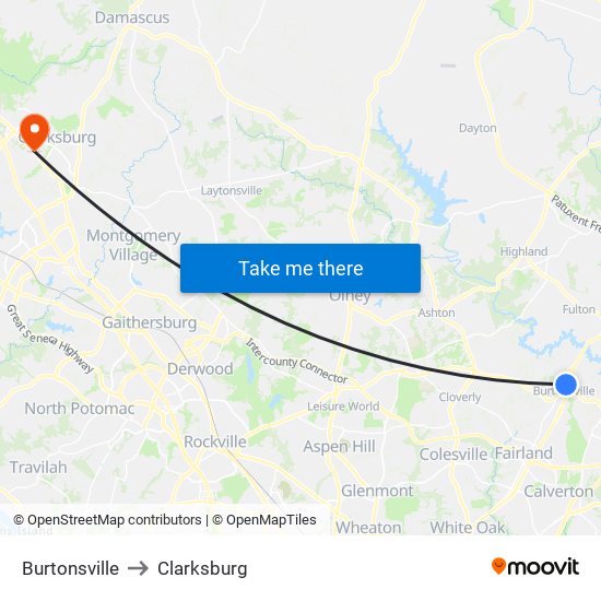 Burtonsville to Clarksburg map