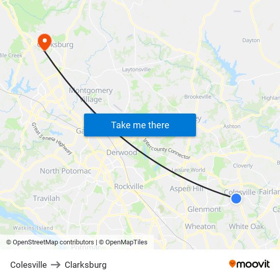 Colesville to Clarksburg map