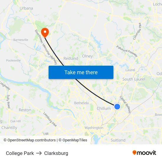 College Park to Clarksburg map