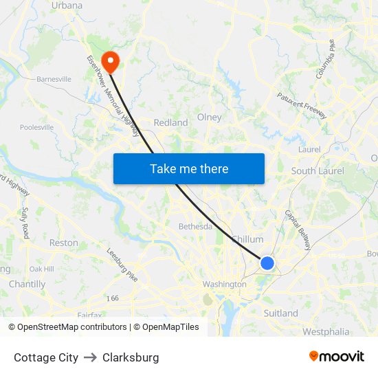 Cottage City to Clarksburg map