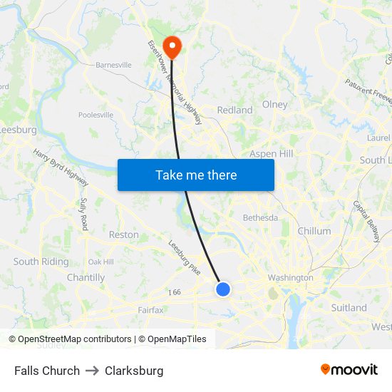 Falls Church to Clarksburg map