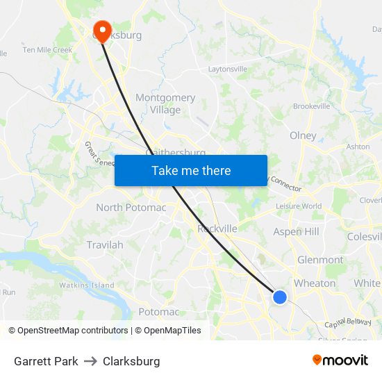 Garrett Park to Clarksburg map