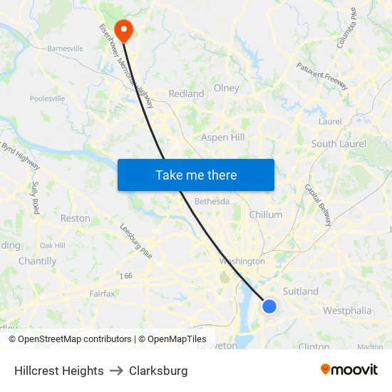 Hillcrest Heights to Clarksburg map