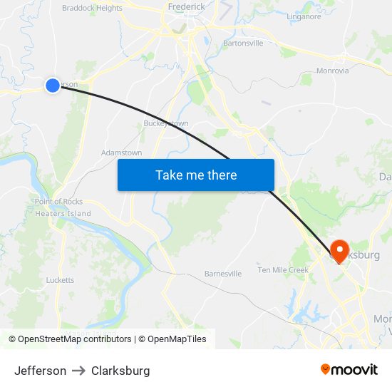 Jefferson to Clarksburg map