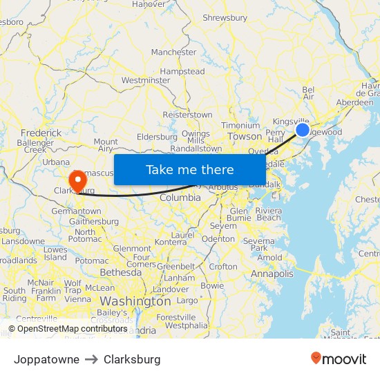 Joppatowne to Clarksburg map