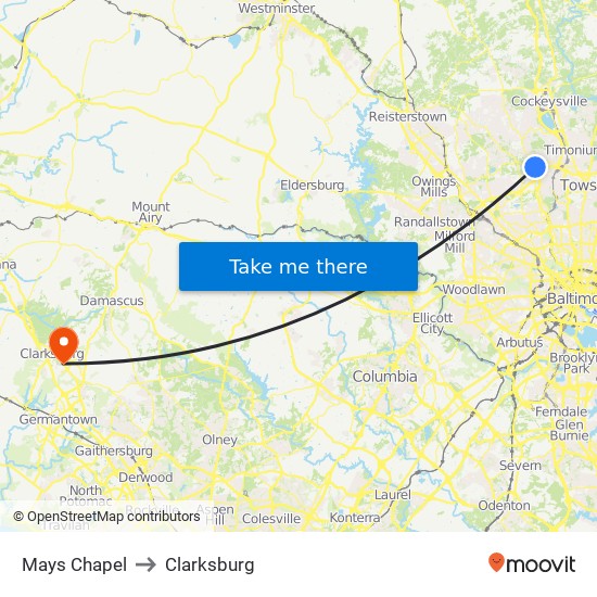 Mays Chapel to Clarksburg map