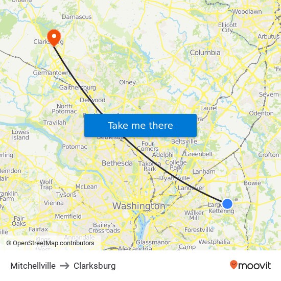 Mitchellville to Clarksburg map