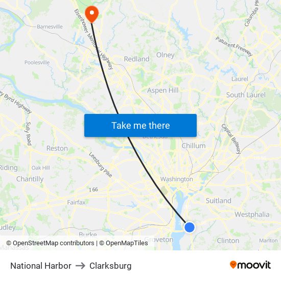 National Harbor to Clarksburg map