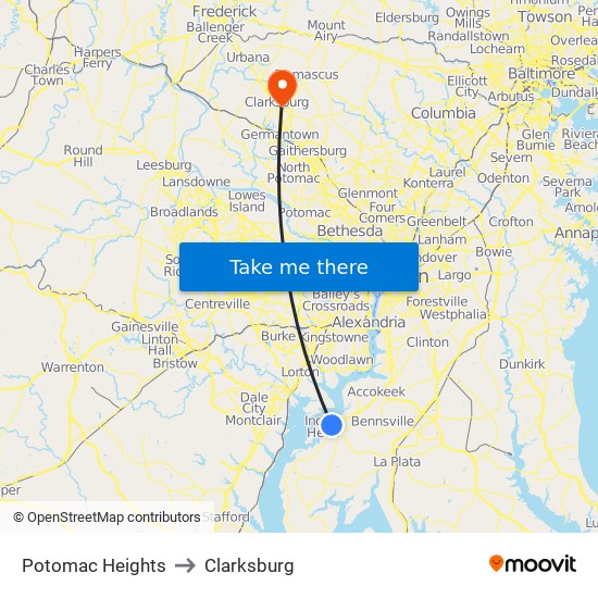 Potomac Heights to Clarksburg map