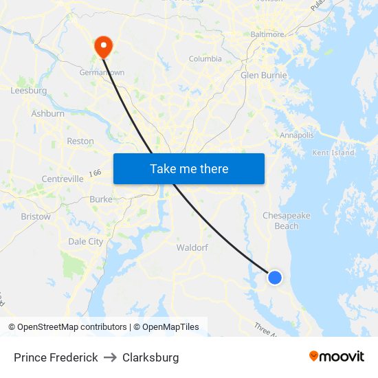 Prince Frederick to Clarksburg map