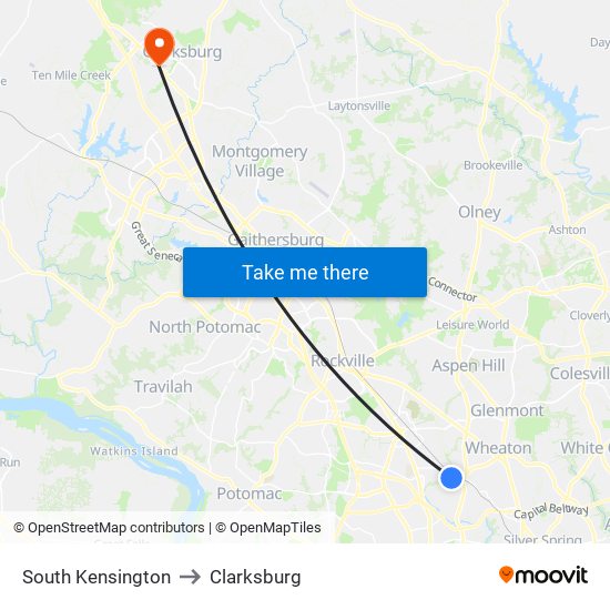 South Kensington to Clarksburg map