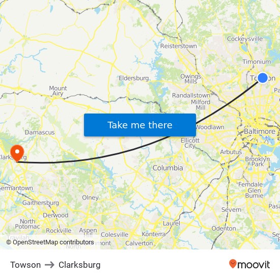 Towson to Clarksburg map