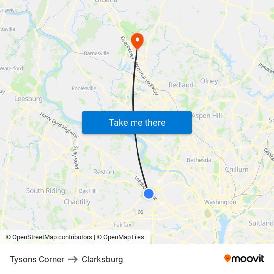 Tysons Corner to Clarksburg map