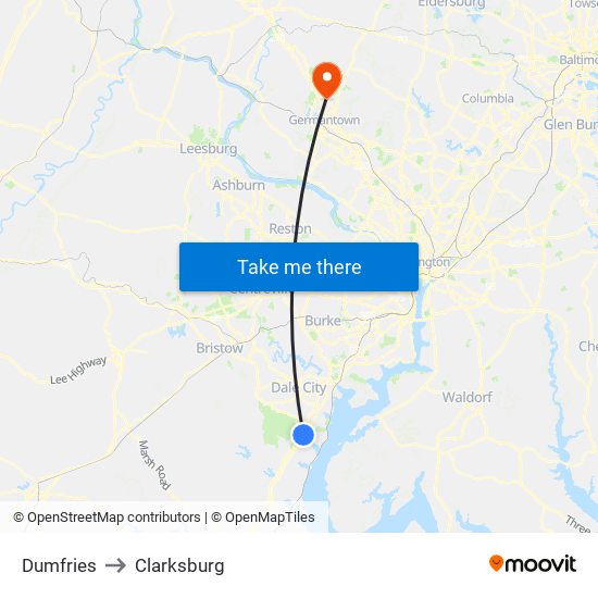 Dumfries to Clarksburg map