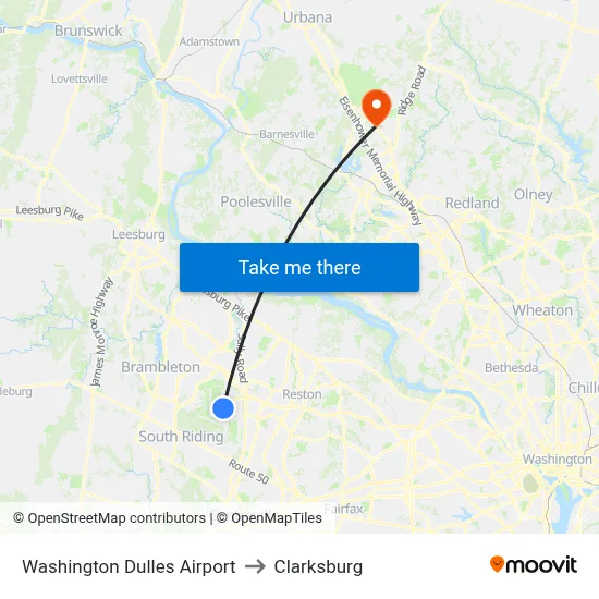 Washington Dulles Airport to Clarksburg map