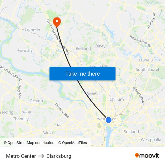 Metro Center to Clarksburg map