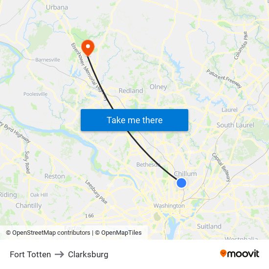 Fort Totten to Clarksburg map