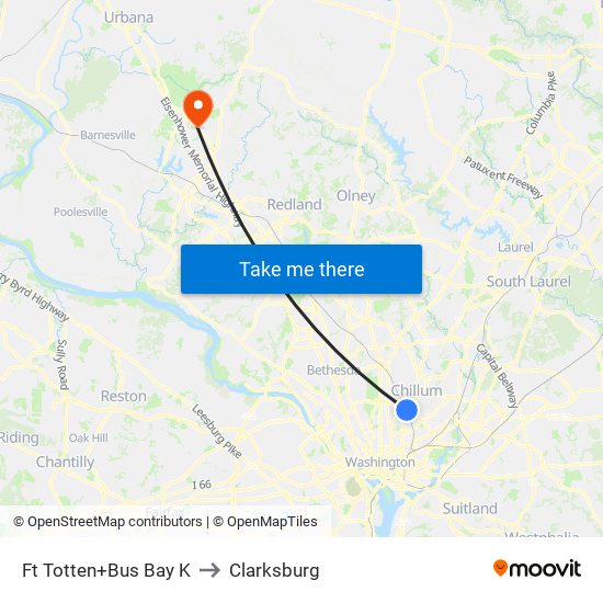 Fort Totten+Bay K to Clarksburg map