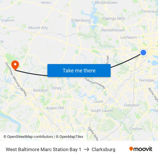 West Baltimore Marc Station Bay 1 to Clarksburg map