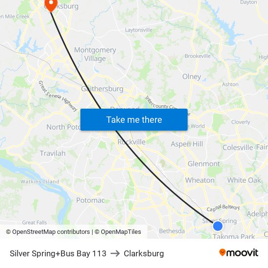 Silver Spring+Bay 113 to Clarksburg map