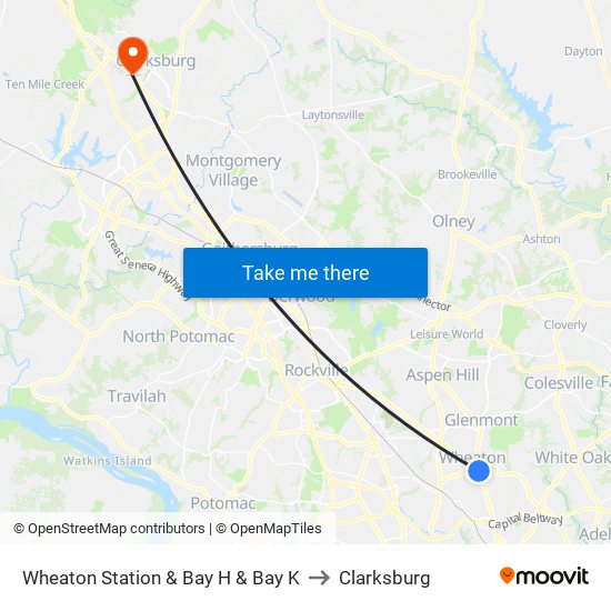Wheaton Station  & Bay H & Bay K to Clarksburg map