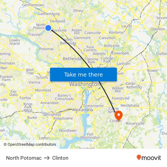 North Potomac to Clinton map