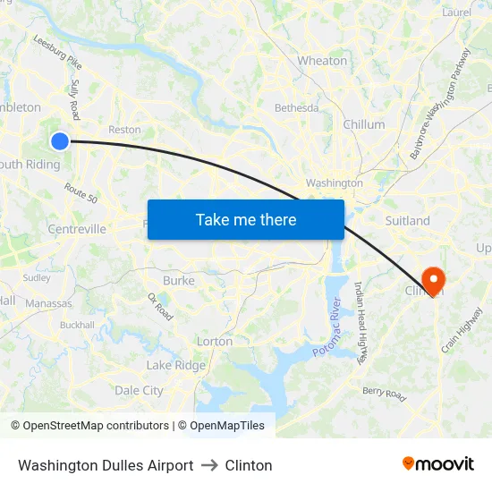 Washington Dulles Airport to Clinton map