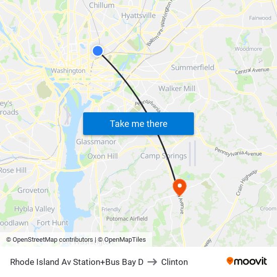 Rhode Island Av Station+Bus Bay D to Clinton map