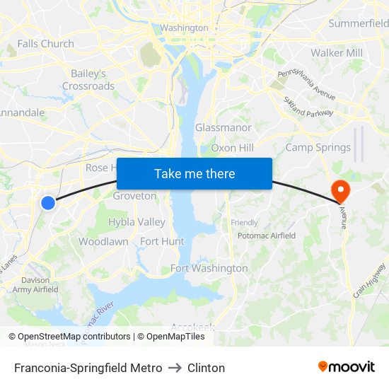 Franconia-Springfield Metro to Clinton map