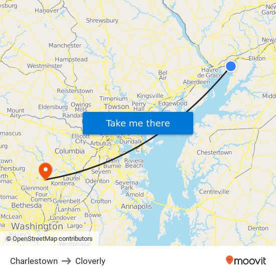 Charlestown to Cloverly map