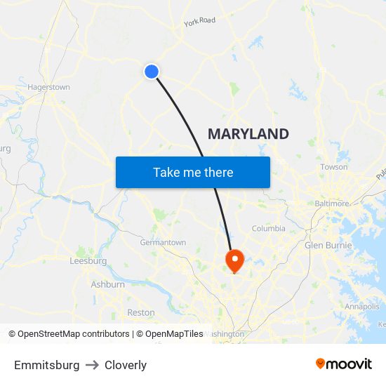 Emmitsburg to Cloverly map