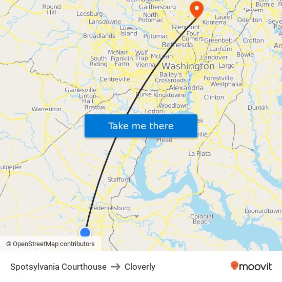 Spotsylvania Courthouse to Cloverly map