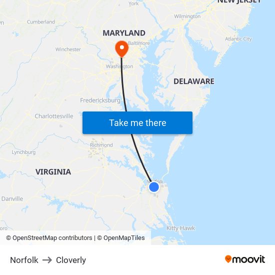 Norfolk to Cloverly map