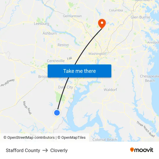 Stafford County to Cloverly map