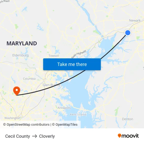 Cecil County to Cloverly map
