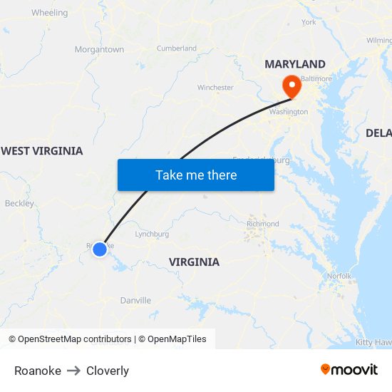 Roanoke to Cloverly map