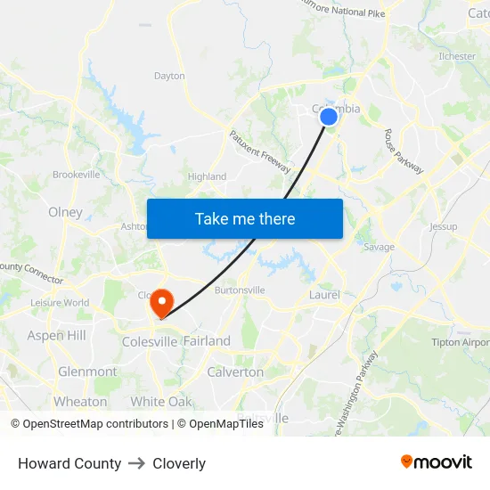 Howard County to Cloverly map