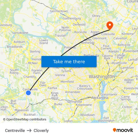 Centreville to Cloverly map